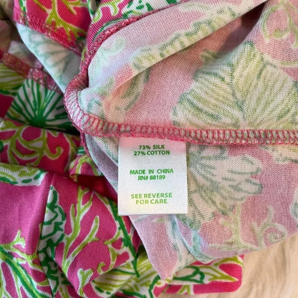 Lilly Pulitzer Clare Silk Blend Jersey Dress‎ Ruffle Pink Green Floral Size XS
